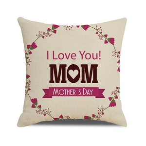Detailed close-up of Mother's Day linen pillowcase with purple floral wreath and Mom text