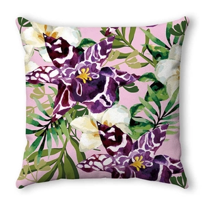 Aquarel kussensloop met tropische bloemen, paarse orchideeën en groene bladeren print