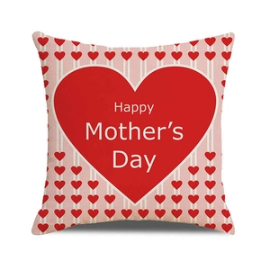 Close-up of Happy Mother's Day linen pillowcase with red heart and pink stripe pattern