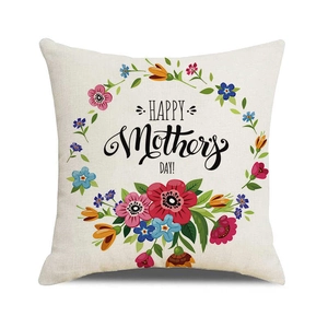 Macro shot of linen fabric texture and colorful floral wreath Mother's Day cushion cover
