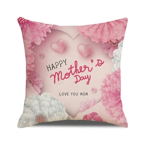 Detailed texture of linen pillowcase with pink floral heart and Happy Mother's Day text