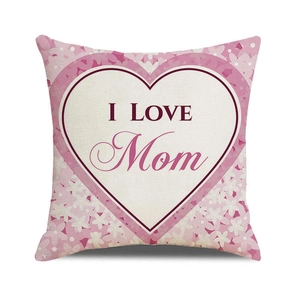 Detailed view of linen cushion cover with pink hearts and I Love Mom floral print
