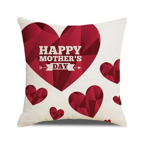 Detailed texture of linen Mother's Day pillow cover with geometric red heart print