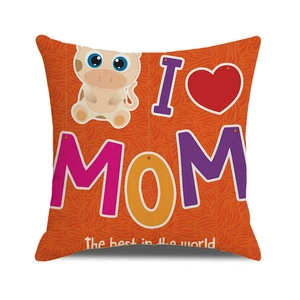 Detail of linen pillowcase with 'I Love Mom' print and cute pig icon on orange pattern