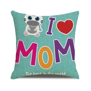 Detailed texture of linen pillowcase with cute zebra and I Love Mom print design