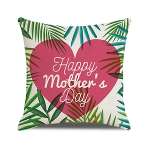 Linen cushion cover with pink heart and Happy Mother's Day text on white background
