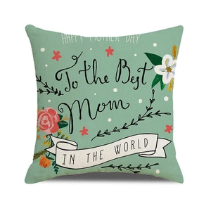 Detail of linen pillowcase with Best Mom in the World print and floral patterns