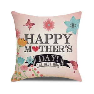 Detail showing high-quality linen texture of the Happy Mother's Day floral cushion cover