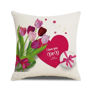 Detail of linen cushion cover with Mother's Day tulips and Happy Mother's Day text