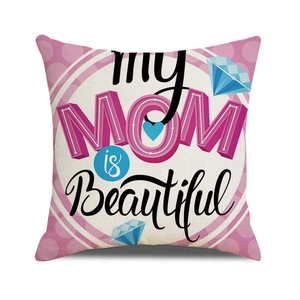 Close-up of linen pillowcase with pink polka dots and My Mom is Beautiful art text
