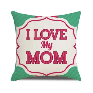 Detail of linen pillowcase with teal frame and I LOVE My MOM text print