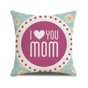Detail of linen texture pillowcase with I Love You Mom floral pattern and purple circle