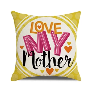 Detail of yellow polka dot linen pillowcase with LOVE MY Mother text for Mother's Day
