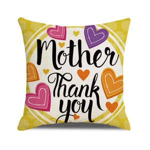 Detail of yellow Mother's Day linen pillowcase with heart and Thank You print