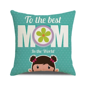 Detail of linen pillowcase with To the best MOM text and cute girl illustration