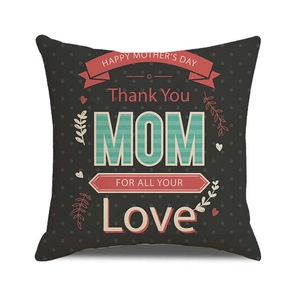 Close-up of Mother's Day linen pillowcase with white polka dots and red floral lettering