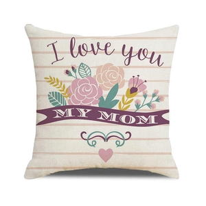 Detailed texture of linen Mother's Day pillow cover with floral I Love You Mom print