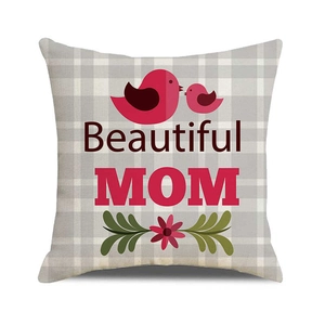 Close-up of linen pillow cover with Beautiful MOM text and bird floral pattern