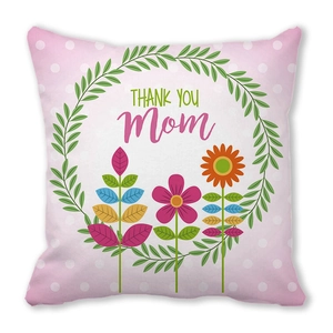 Pink Mother's Day pillowcase with floral wreath and 'THANK YOU Mom' printed text