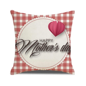 Close-up of linen Happy Mother's Day pillow cover with red check border and pink heart