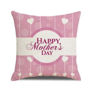 Pink linen Happy Mother's Day pillowcase with white hearts and polka dot patterns