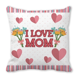 Fodera per cuscino quadrata in pelle di pesca con scritta I LOVE MOM e pois rosa per mamma