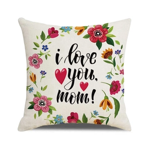 Linen Mother's Day throw pillow cover with floral wreath and 'I love you mom' print