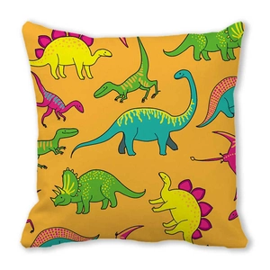 Bright orange square pillowcase featuring various colorful cartoon dinosaur prints for kids