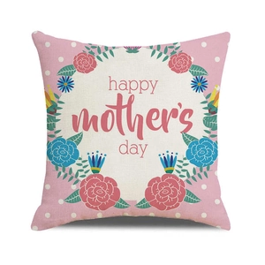 Linen Mother's Day pillow cover with pink polka dots and colorful floral happy mother's day wreath
