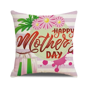 Close-up of Mother's Day linen pillowcase with pink daisies and happy holiday greetings