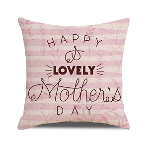Detail of linen pillowcase with pink stripes and Happy Mother's Day artistic lettering