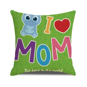 Detail of linen pillowcase with blue hippo and I Love Mom text for Mother's Day