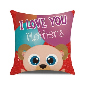 Linen Mother's Day pillowcase with colorful cartoon ram and I Love You text detail