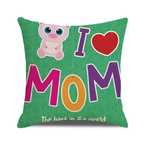 Detail of linen texture on Mother's Day pillowcase featuring I Love Mom pig print