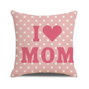 Pink polka dot linen pillowcase with I Love Mom heart design for Mother's Day decor