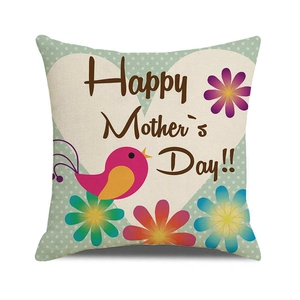 Linen Happy Mother's Day pillow cover with heart pattern and colorful floral design