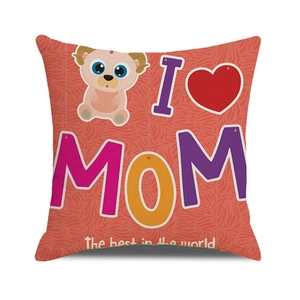 Detail of linen pillowcase with cute bear and I Love Mom print for Mother's Day
