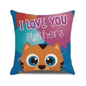 Detail of linen pillowcase with I LOVE YOU Mother's text and cute cartoon cat design