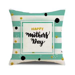 Detail view of linen Mother's Day pillowcase with blue stripes and gold polka dots