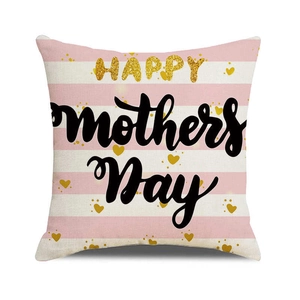 Detail of pink striped Mother's Day pillowcase with Happy Mother's Day gold heart print
