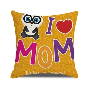Detail of yellow Mother's Day linen pillowcase with panda and I Love Mom print