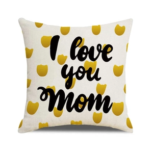 Detail of linen pillowcase with yellow cat motif and 'I love you mom' text for Mother's Day