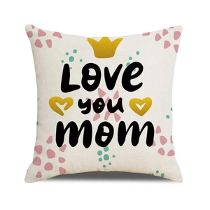 Detail of linen pillowcase with Love You Mom print, yellow crown and heart patterns