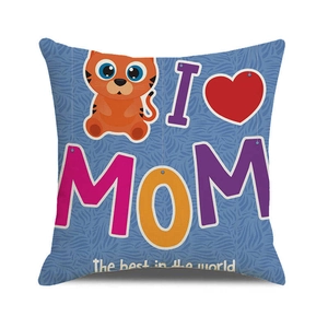 Detailed view of linen pillowcase with Happy Mother's Day cartoon tiger and MOM print