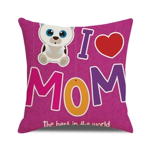 Detail of linen pillowcase with purple cartoon cat and I Love Mom text design
