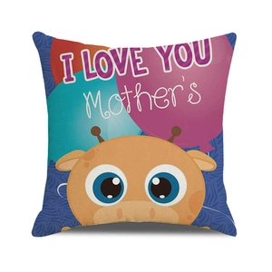 Detail of linen pillowcase with Mother's Day cartoon giraffe print and vivid blue eyes