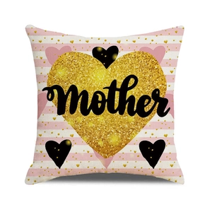 Close-up of mother gold glitter heart on pink striped linen pillowcase for Mother Day