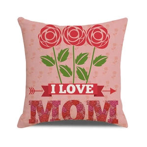 Linen cushion cover with red roses and I LOVE MOM text for Mother's Day gift decoration