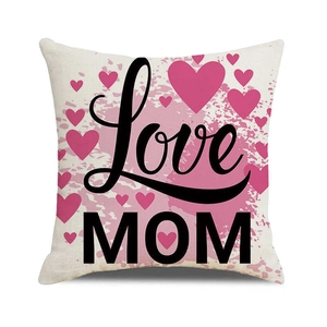Linen Mother's Day pillow cover with Love MOM text and pink hearts decoration