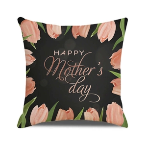 Linen Mother's Day pillow cover with pink tulips and Happy Mother's Day text on black
